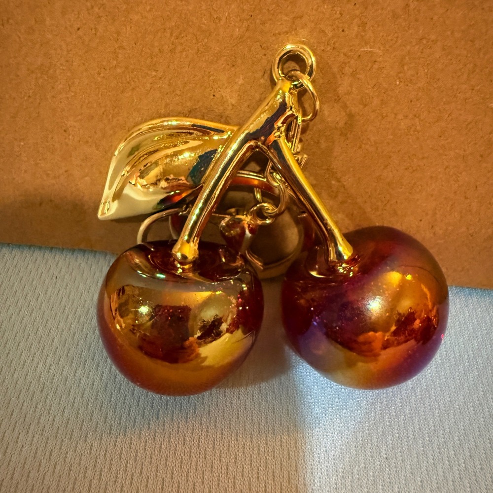 Cherry Bag Charm Red Gold Iridescent Fruit Keychain